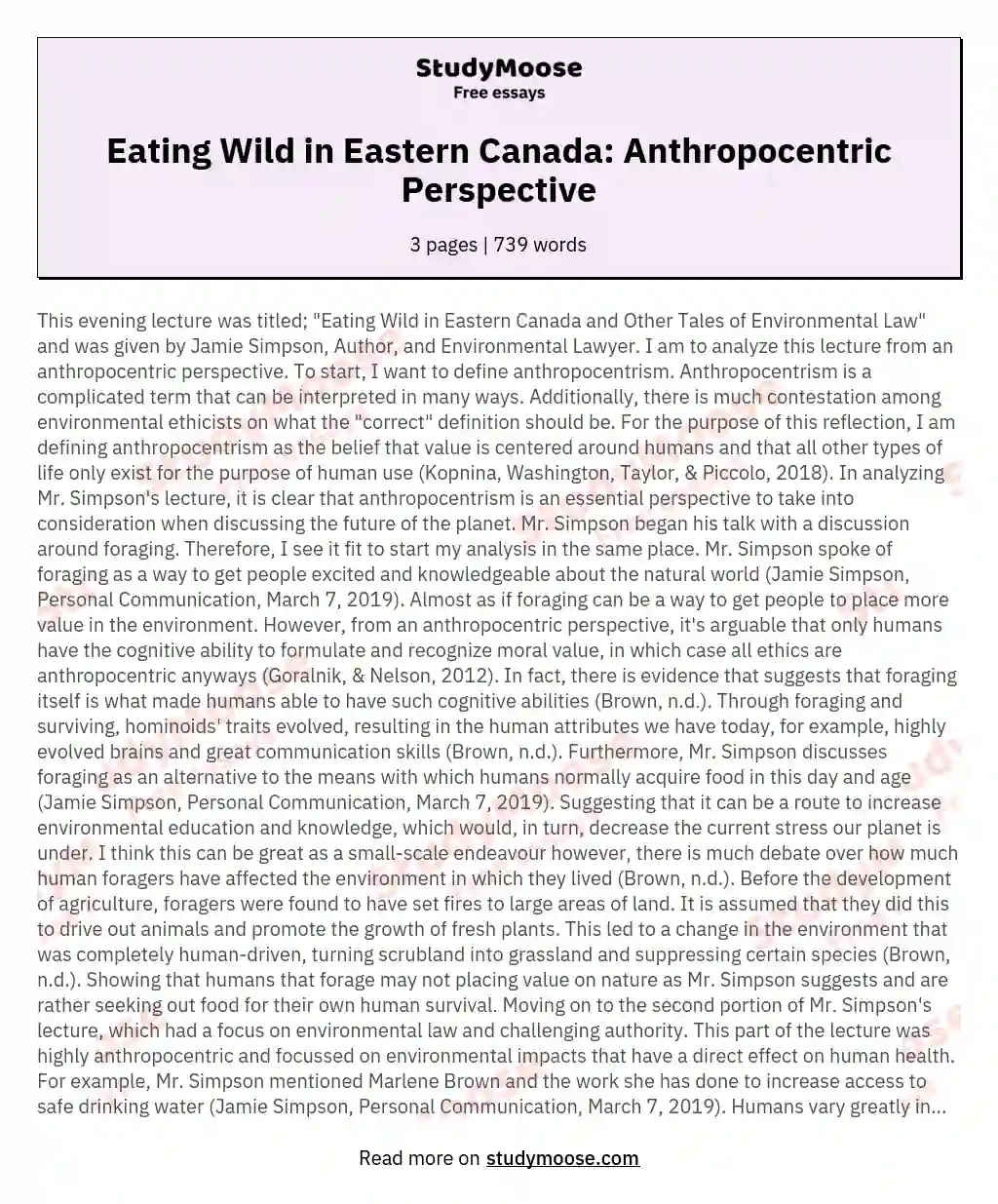 Eating Wild in Eastern Canada: Anthropocentric Perspective essay