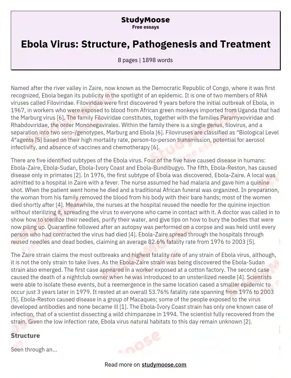 Ebola Virus: Structure, Pathogenesis and Treatment essay