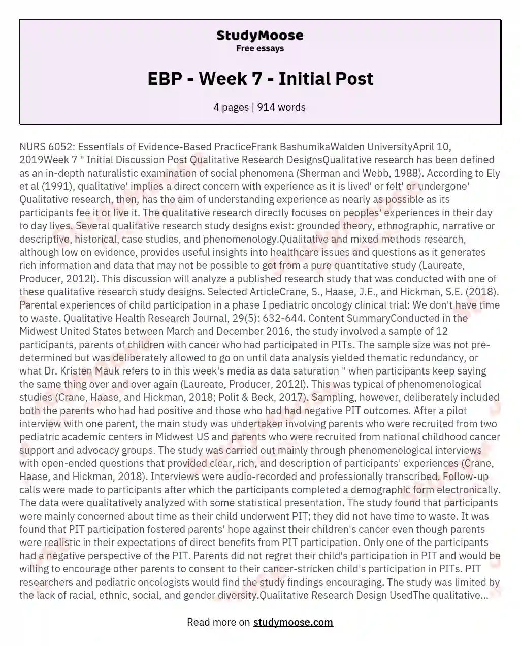 EBP - Week 7 - Initial Post essay