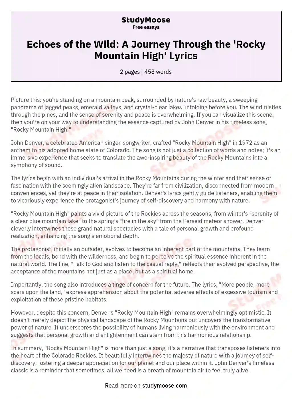Echoes of the Wild: A Journey Through the 'Rocky Mountain High' Lyrics essay