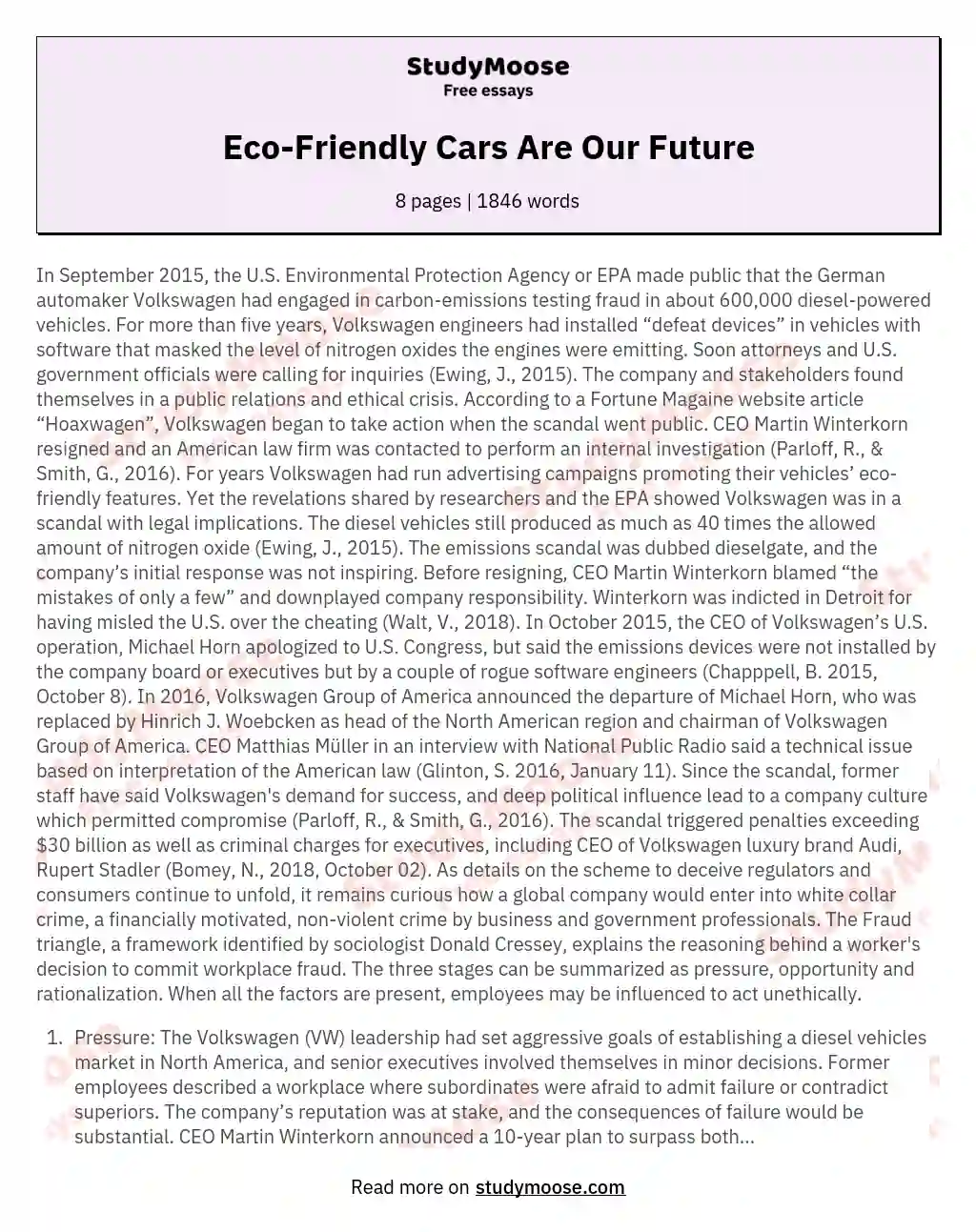 Eco-Friendly Cars Are Our Future essay