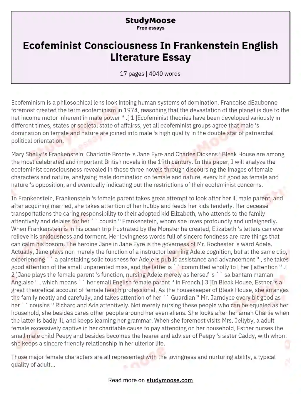 Ecofeminist Consciousness In Frankenstein English Literature Essay essay