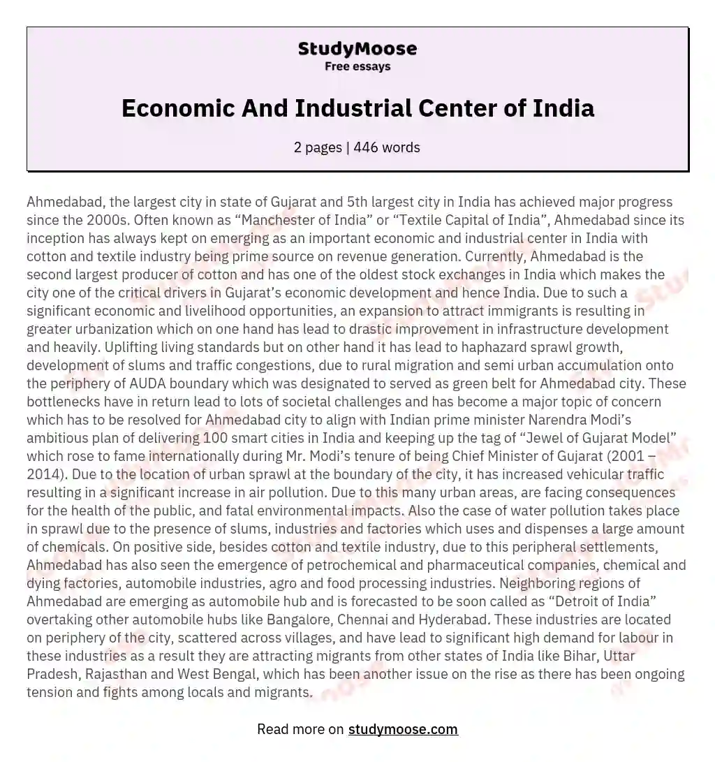 Economic And Industrial Center of India essay