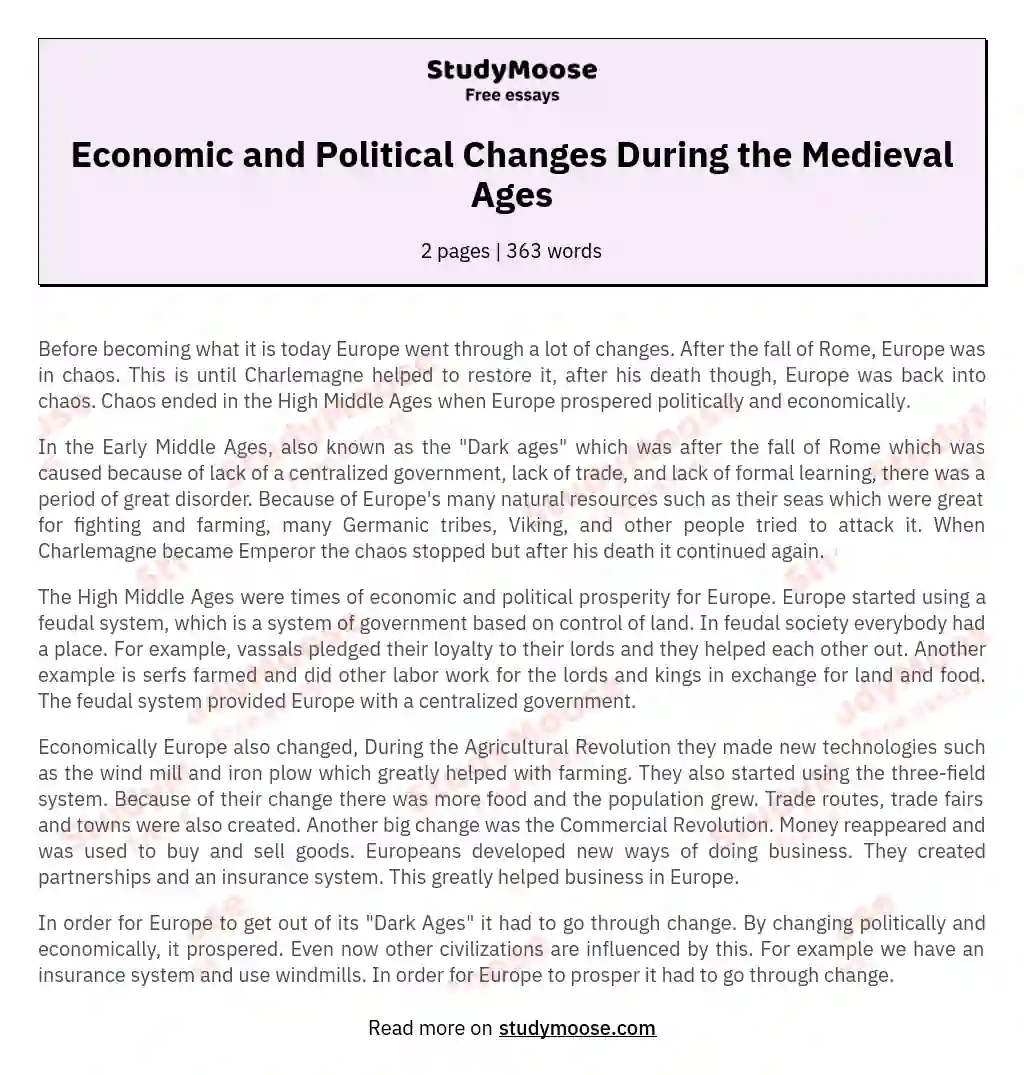 Economic and Political Changes During the Medieval Ages essay