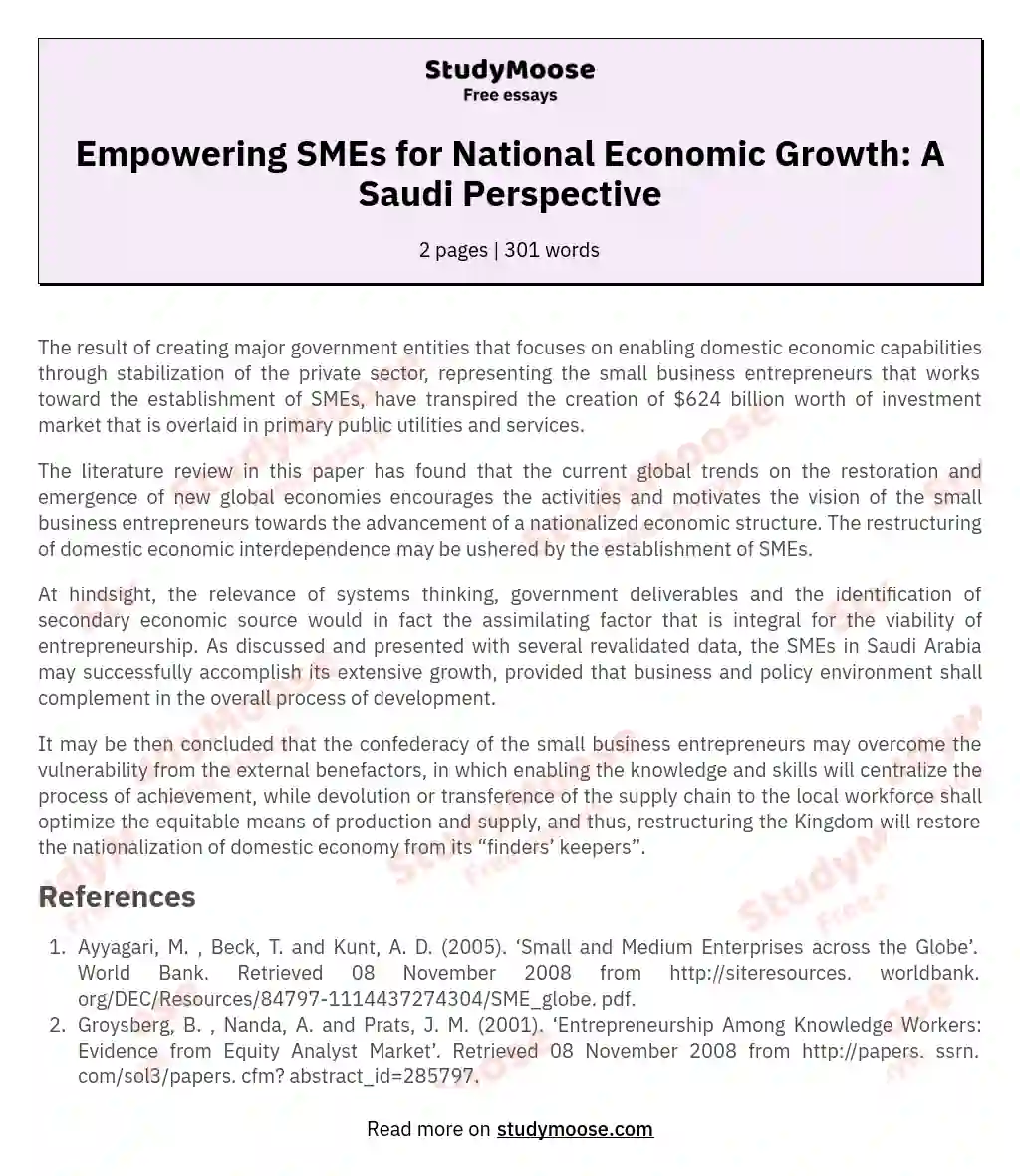 Empowering SMEs for National Economic Growth: A Saudi Perspective essay