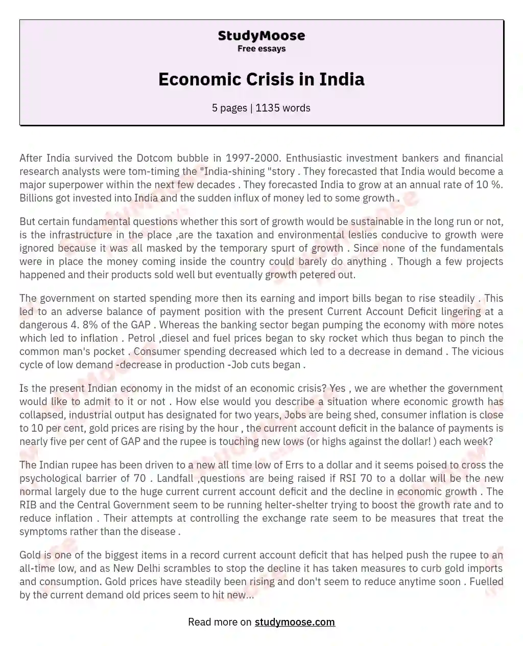 economic crisis in india essay