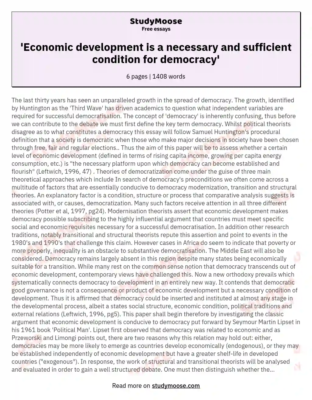 'Economic development is a necessary and sufficient condition for democracy' essay