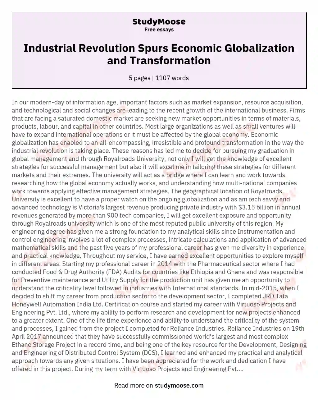 Industrial Revolution Spurs Economic Globalization and Transformation essay