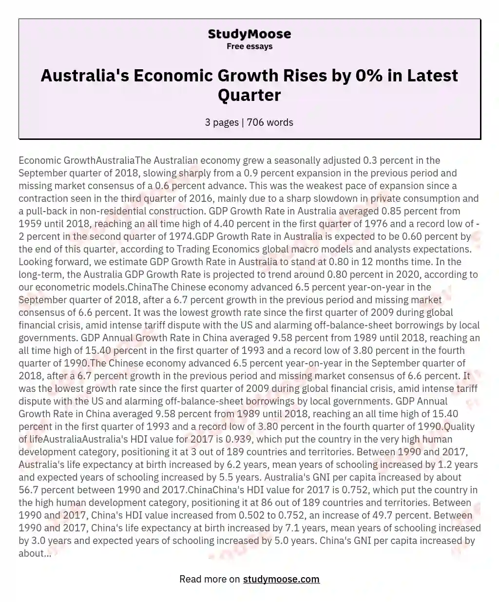 Australia's Economic Growth Rises by 0% in Latest Quarter essay
