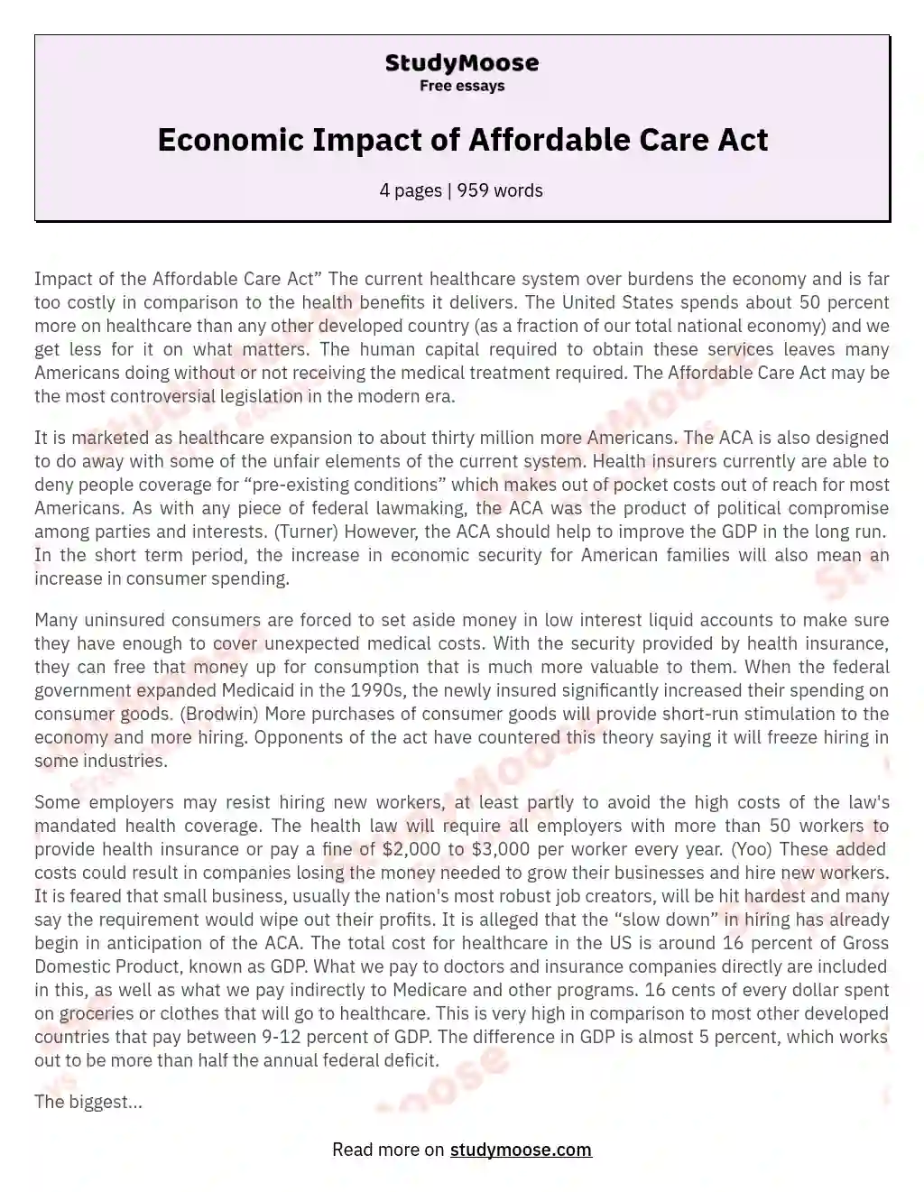 Economic Impact of Affordable Care Act essay