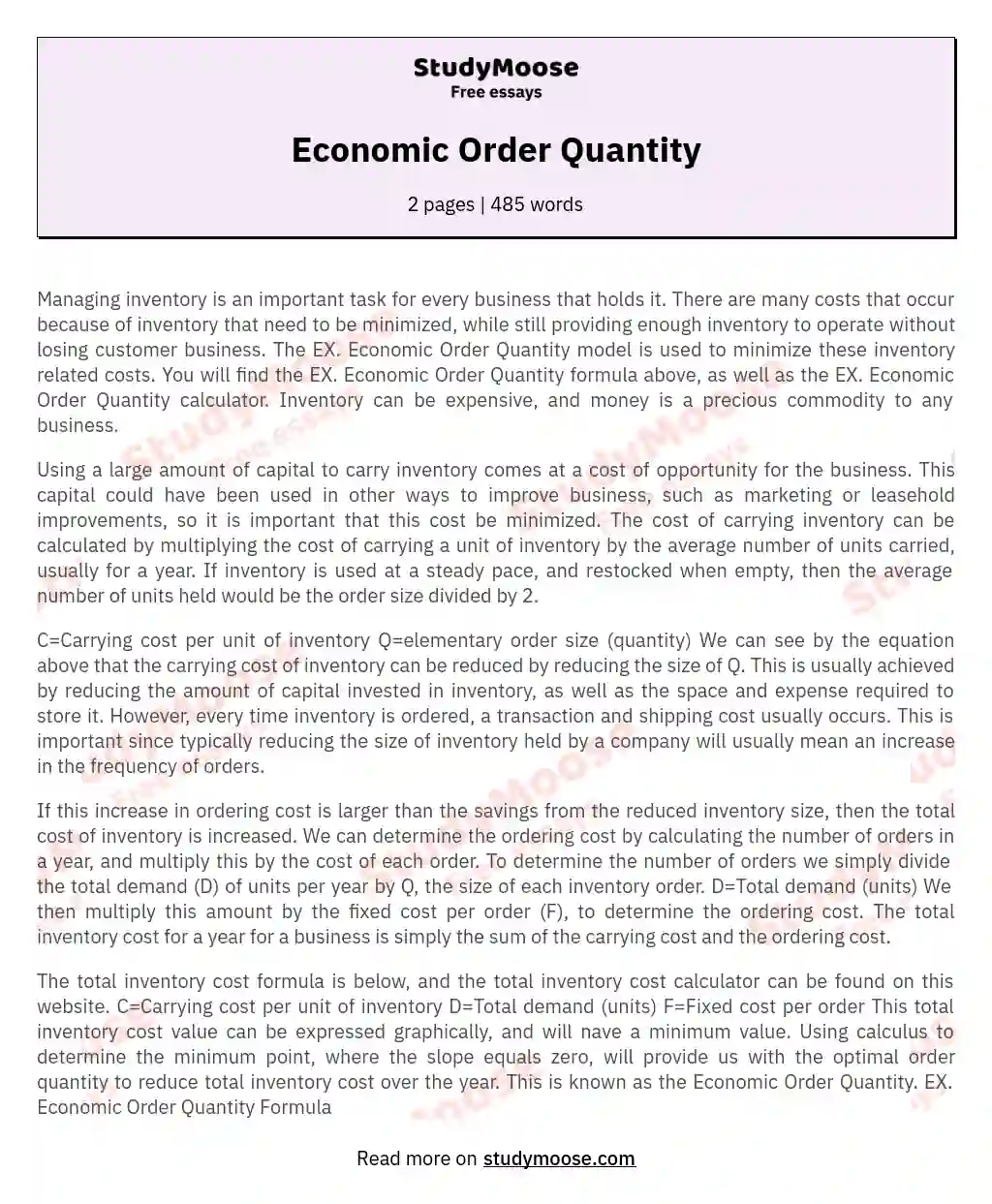 Economic Order Quantity essay