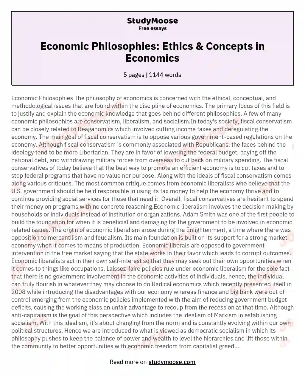 Economic Philosophies: Ethics & Concepts in Economics essay