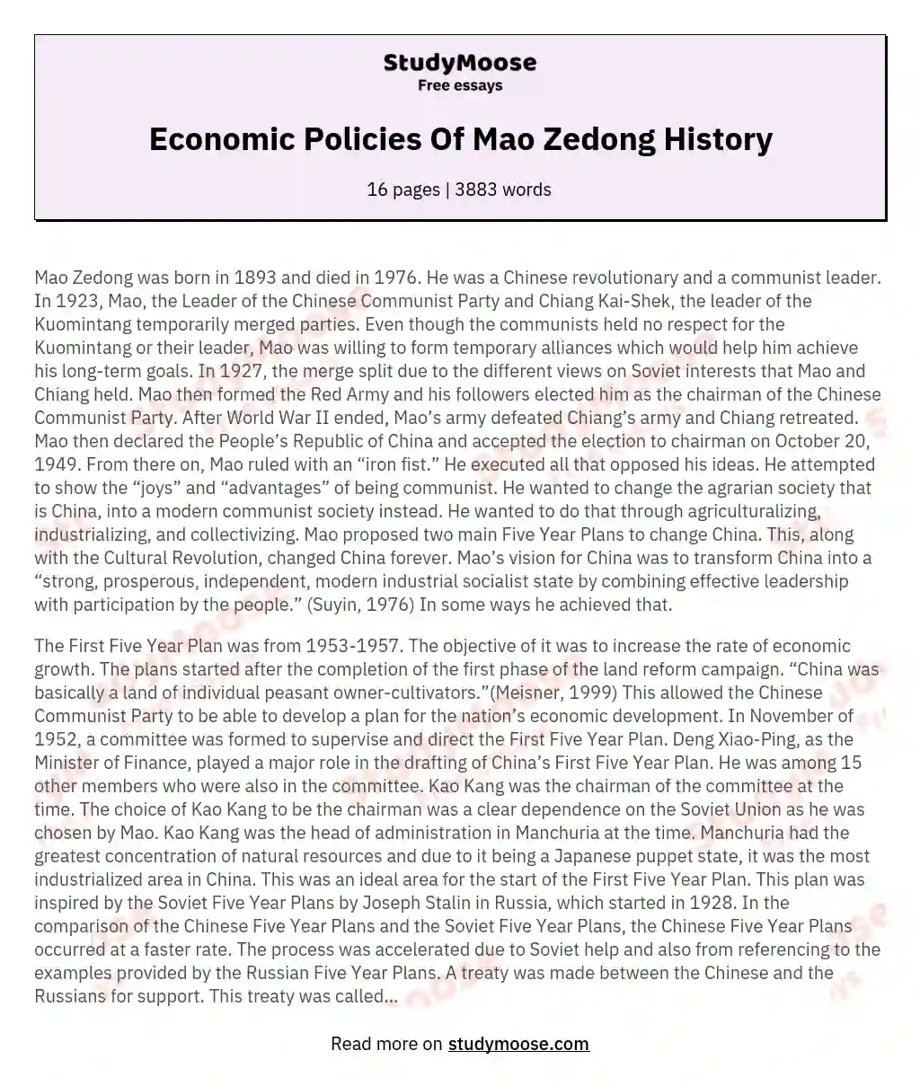 Economic Policies Of Mao Zedong History