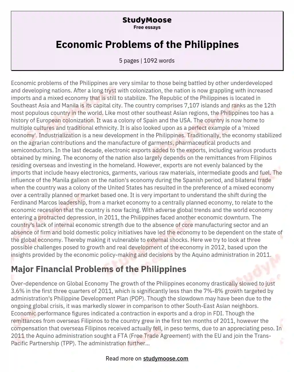 Economic Problems of the Philippines essay