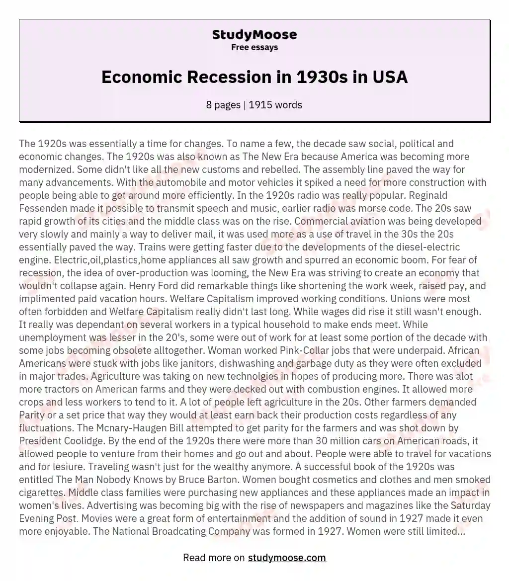 Economic Recession in 1930s in USA essay