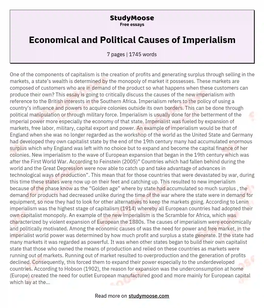 Economical and Political Causes of Imperialism essay