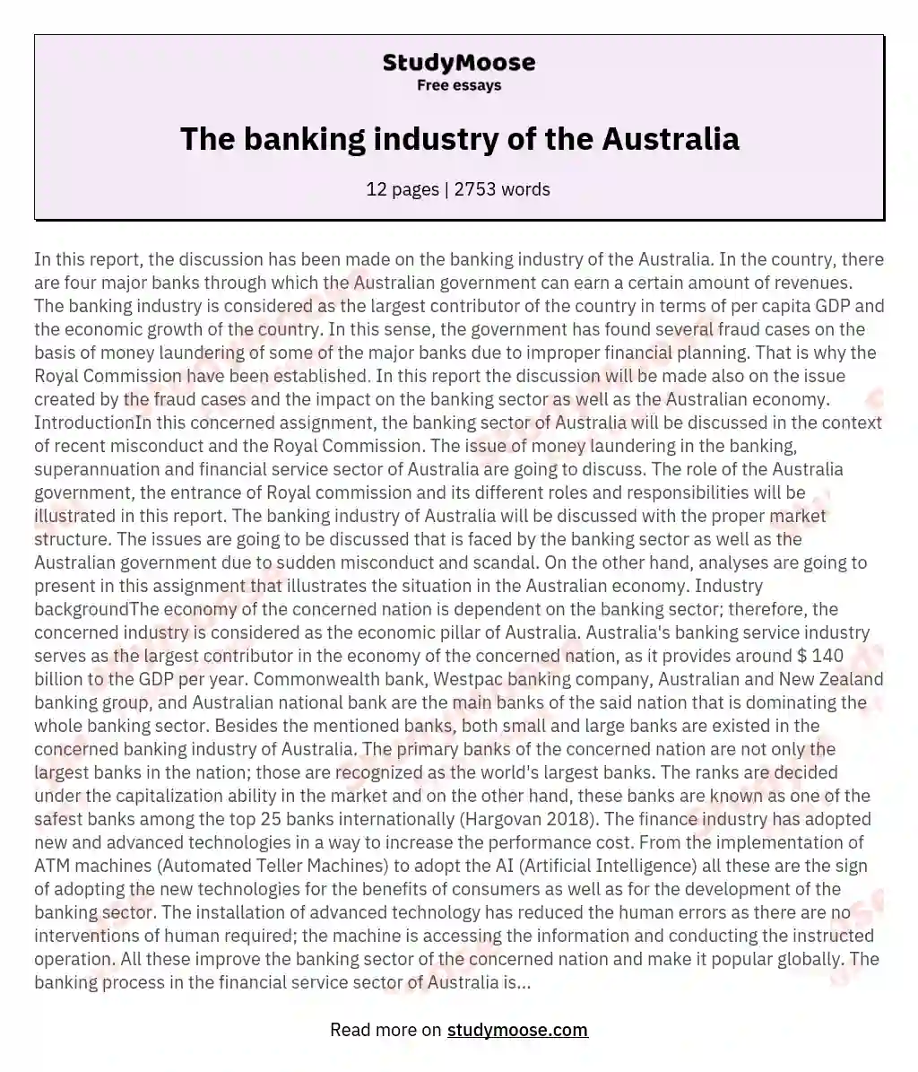 The banking industry of the Australia essay