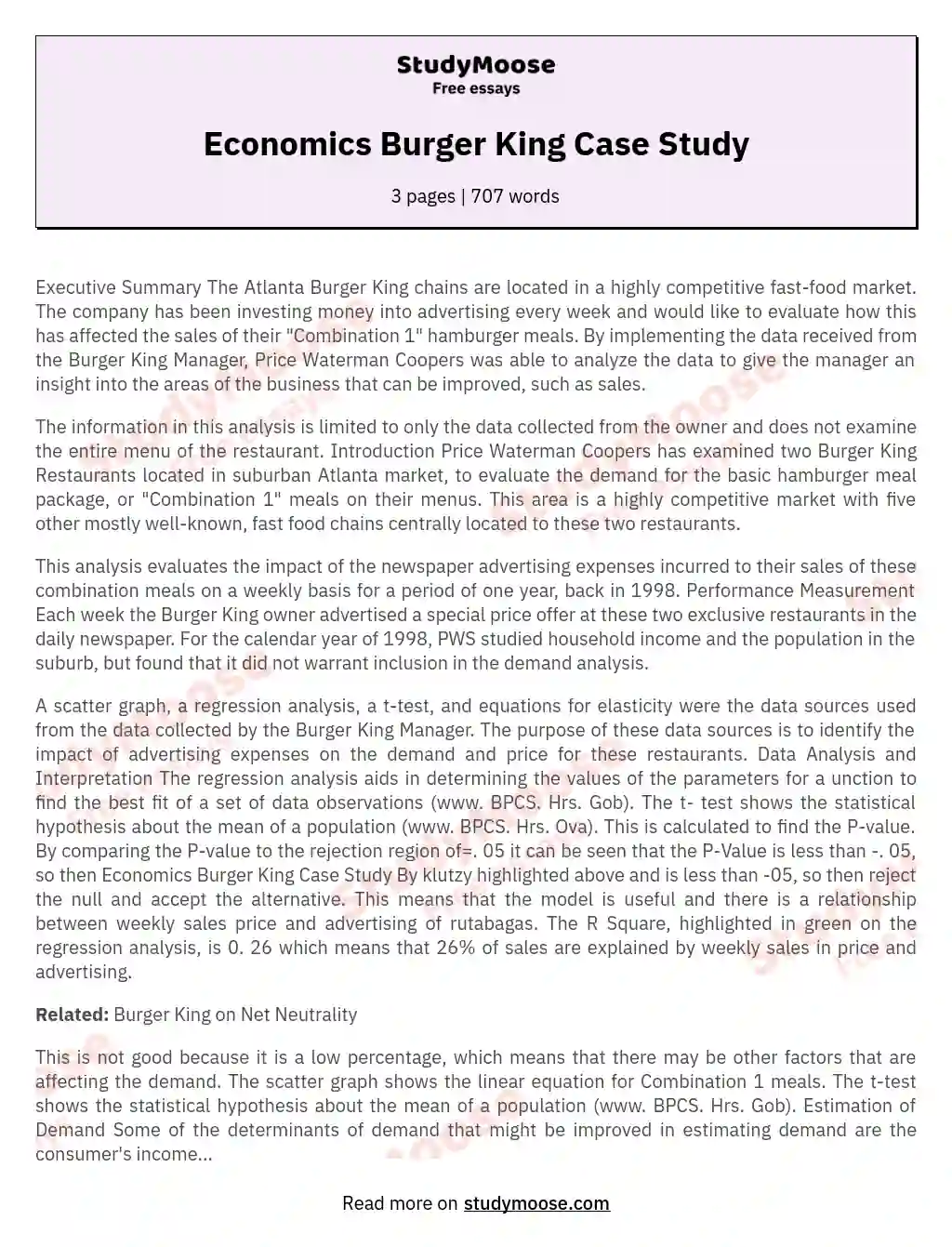 Economics Burger King Case Study essay