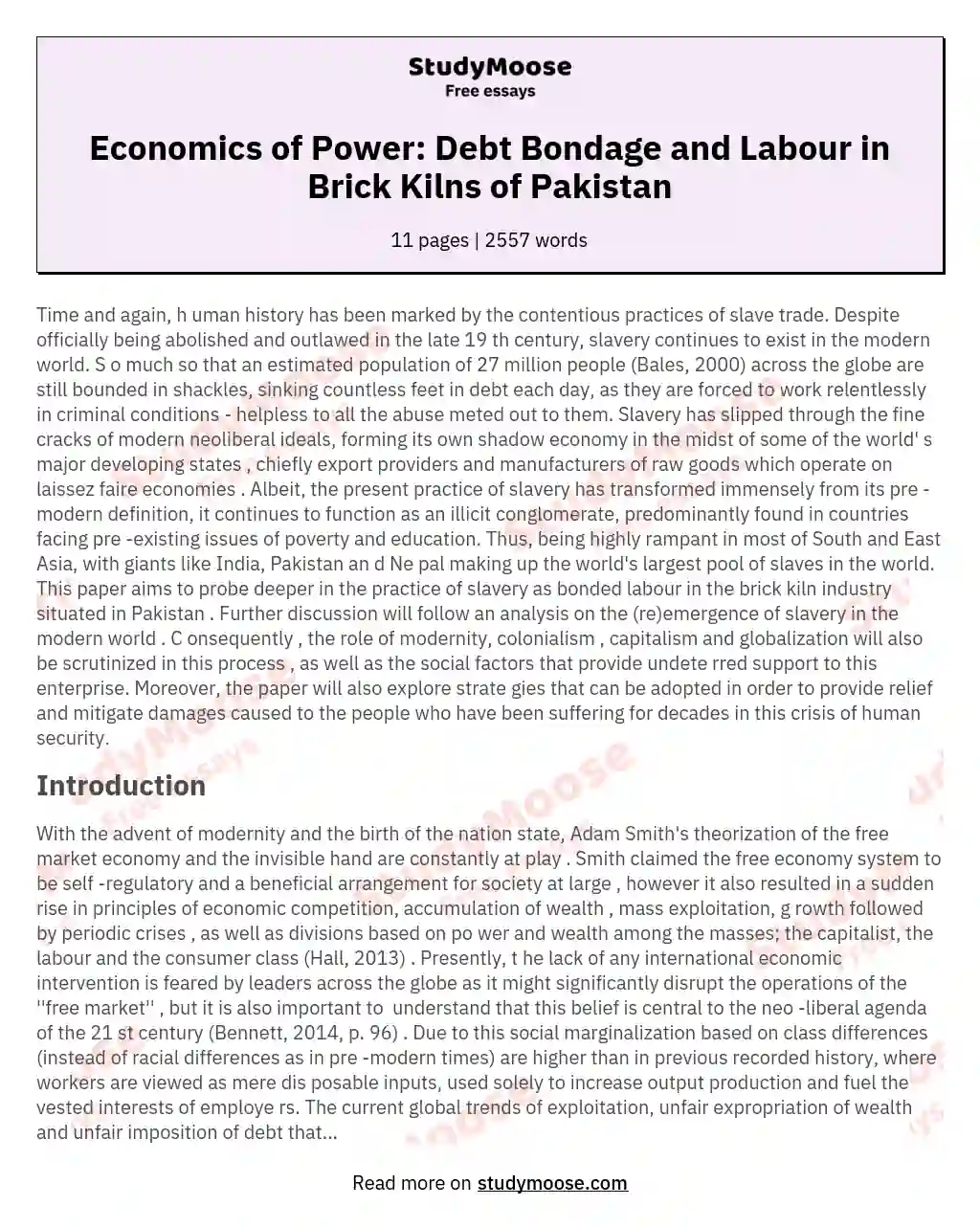 Economics of Power: Debt Bondage and Labour in Brick Kilns of Pakistan essay