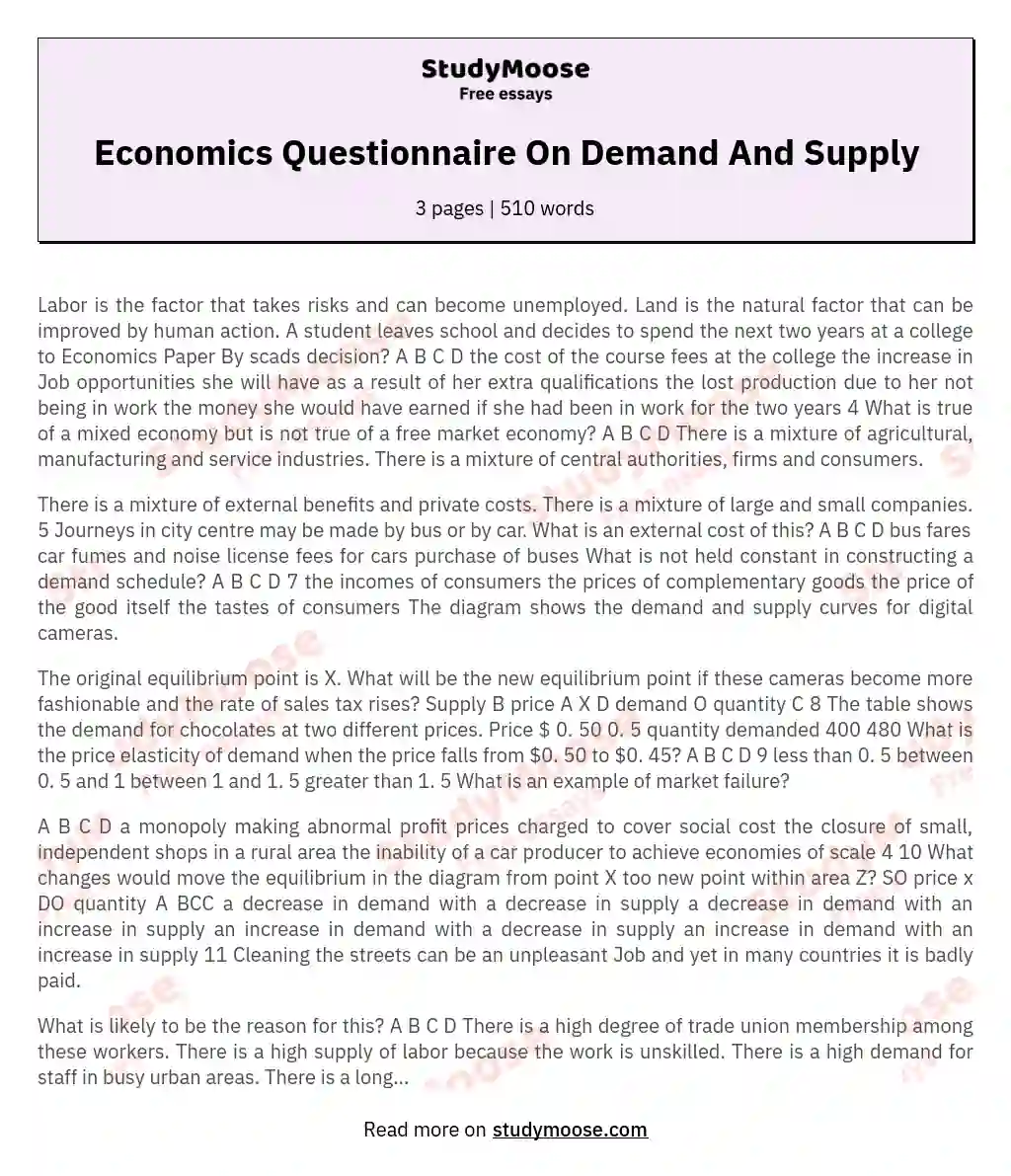 Economics Questionnaire On Demand And Supply essay