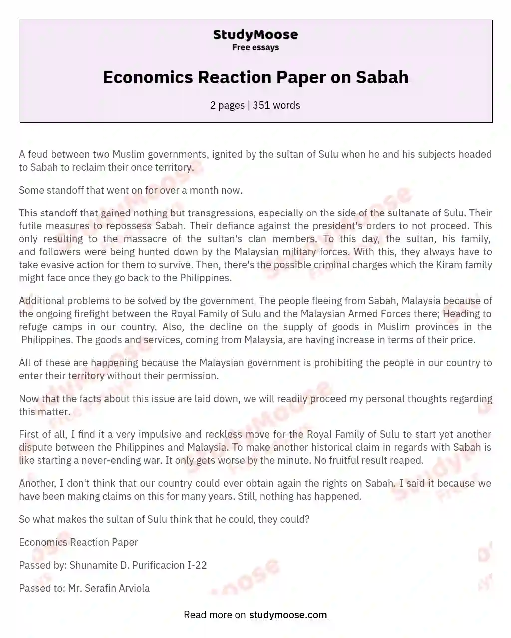 Economics Reaction Paper on Sabah essay