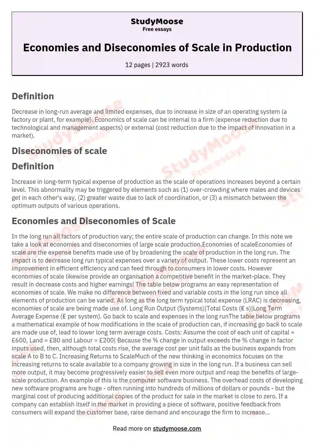 Economies and Diseconomies of Scale in Production essay