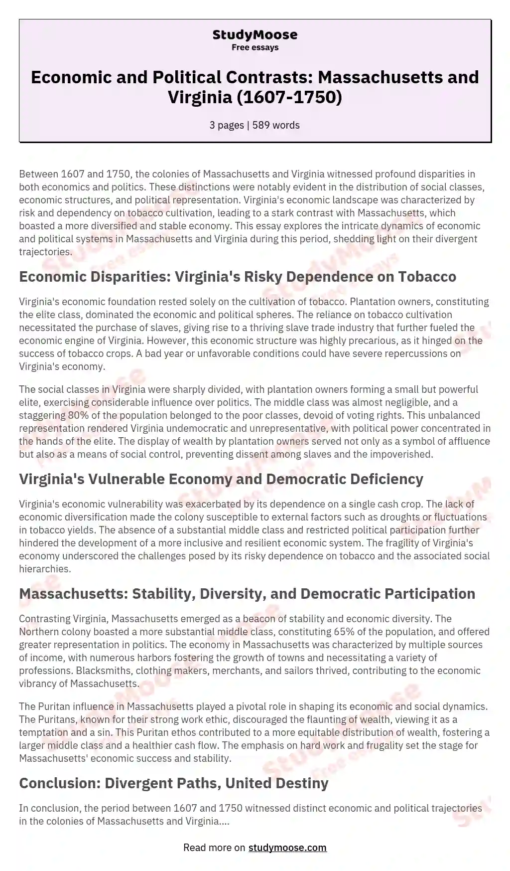Economic and Political Contrasts: Massachusetts and Virginia (1607-1750) essay