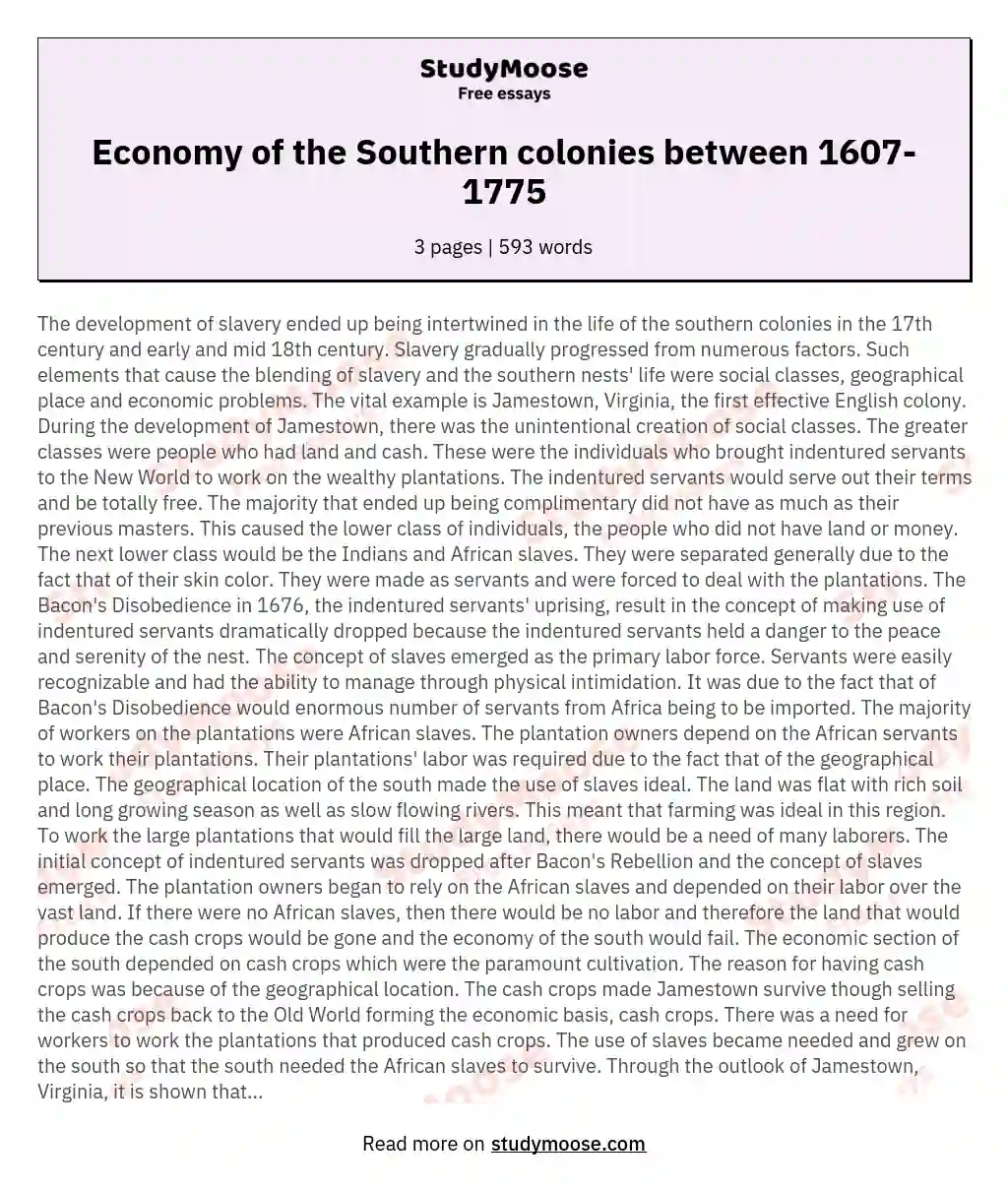 Economy of the Southern colonies between 1607-1775 essay