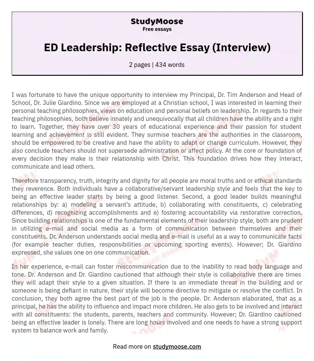 ED Leadership: Reflective Essay (Interview) essay