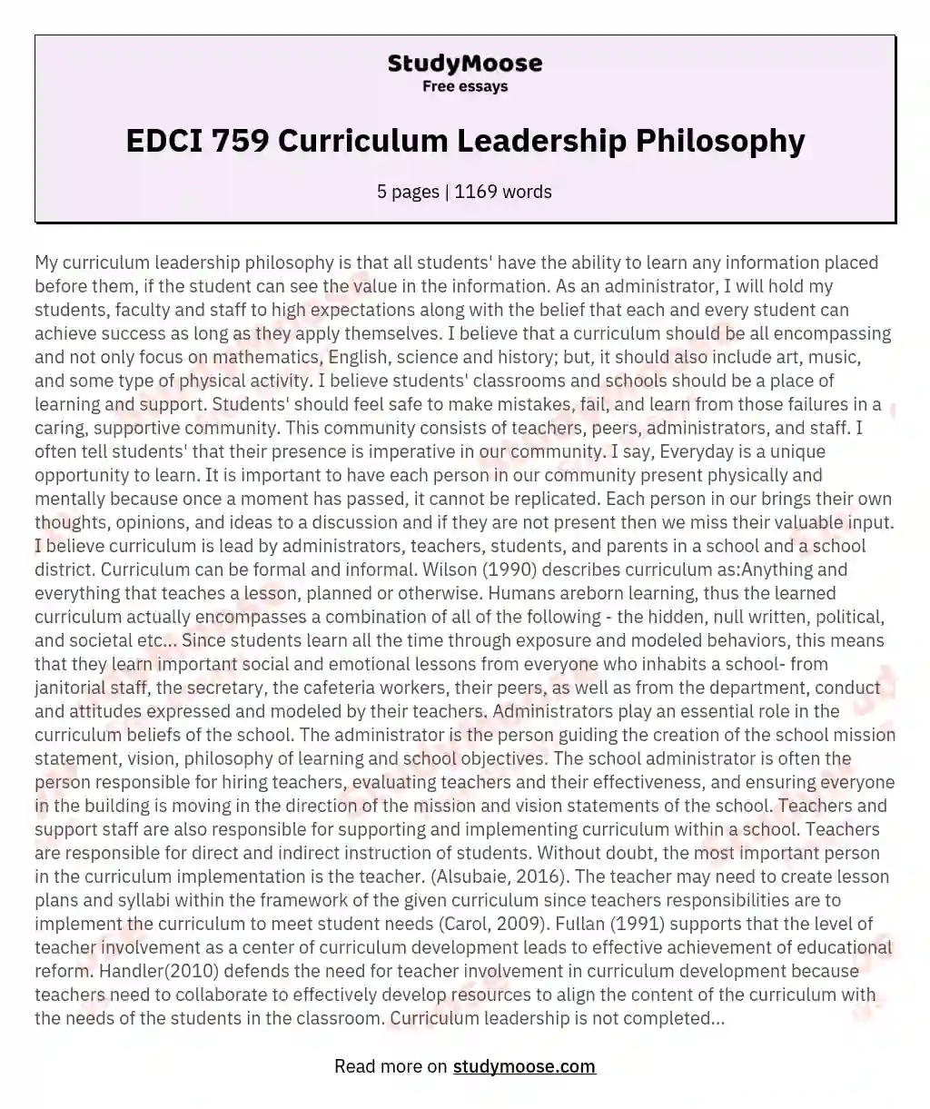 EDCI 759 Curriculum Leadership Philosophy essay
