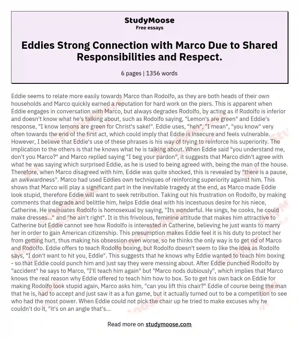 Eddies Strong Connection with Marco Due to Shared Responsibilities and Respect. essay