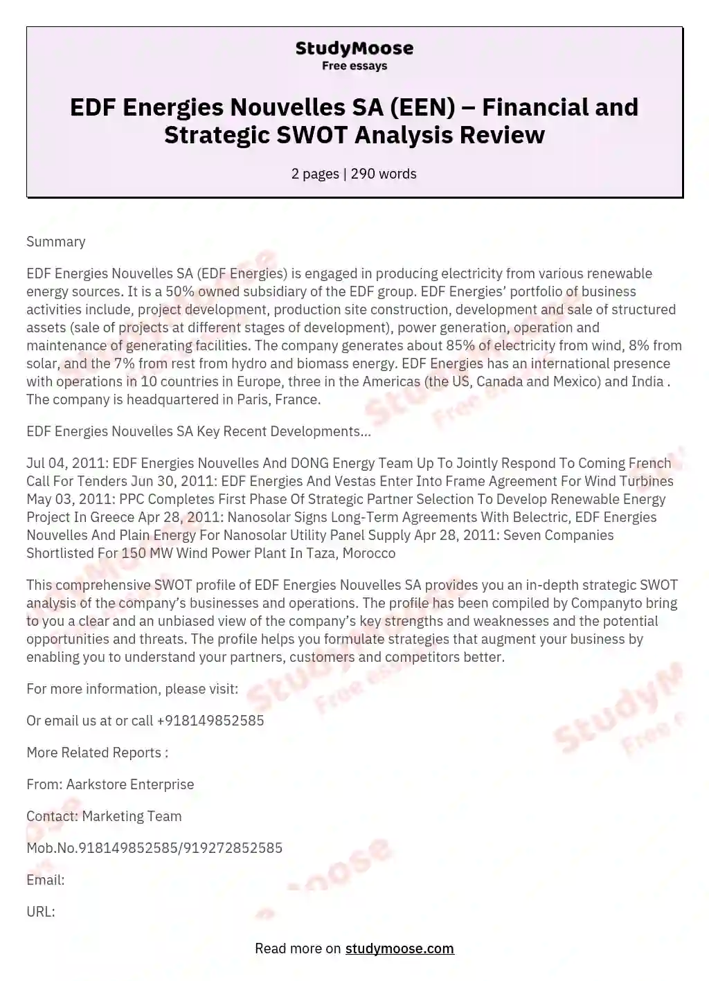 EDF Energies Nouvelles SA (EEN) – Financial and Strategic SWOT Analysis Review essay