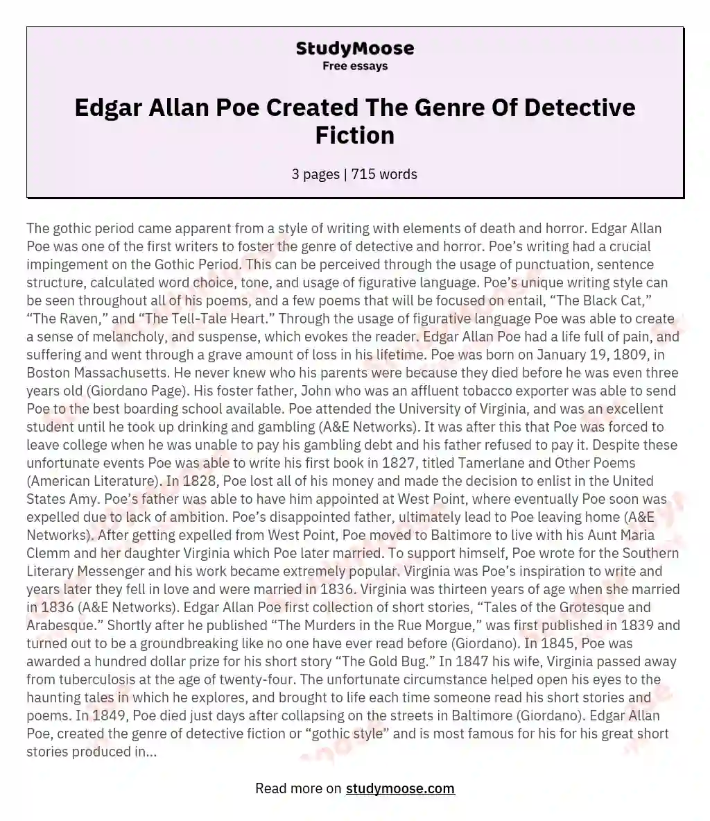 Edgar Allan Poe Created The Genre Of Detective Fiction essay