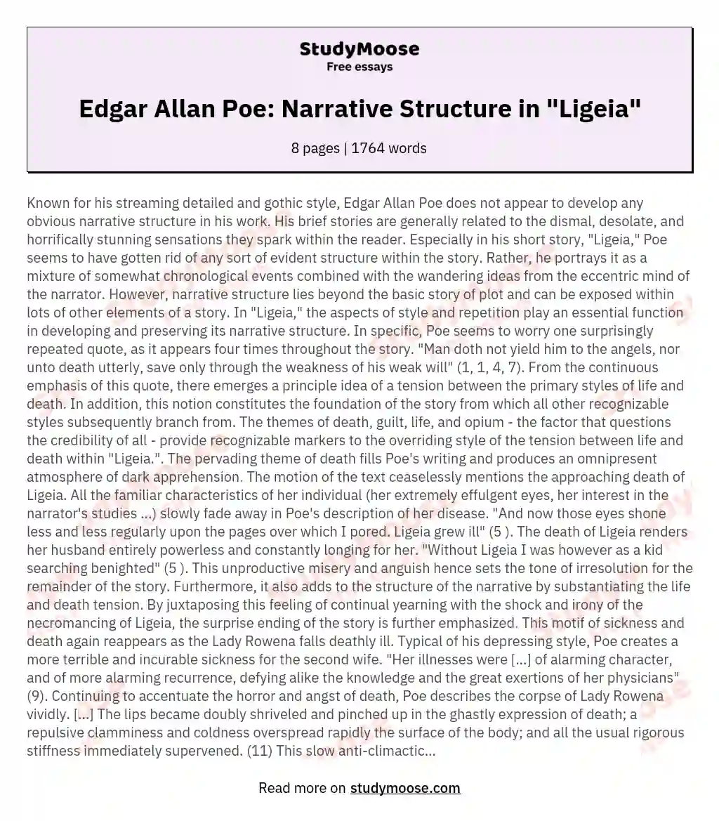 Edgar Allan Poe: Narrative Structure in "Ligeia" essay