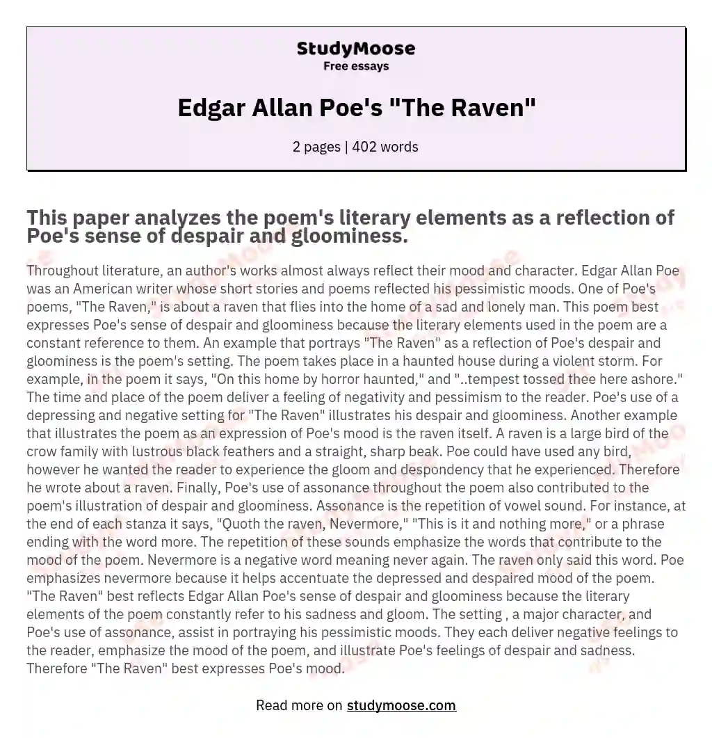 "The Raven": Edgar Allan Poe's Masterful Reflection of Despair and Gloom essay