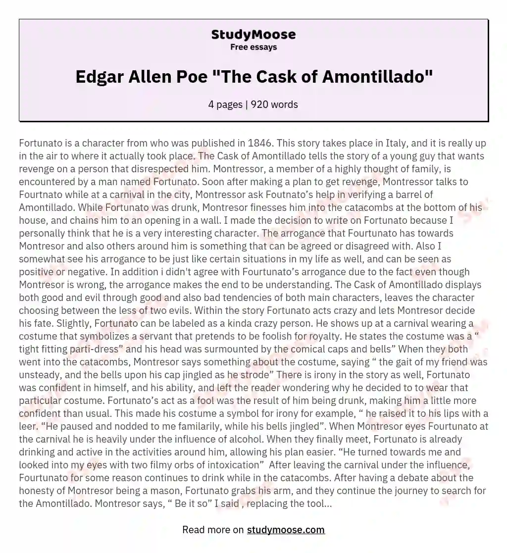 Edgar Allen Poe "The Cask of Amontillado" essay