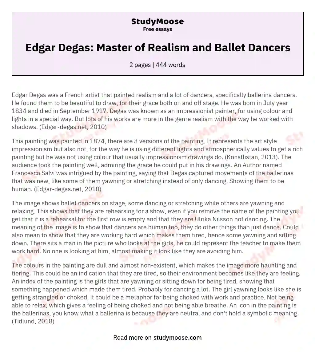 Edgar Degas: Master of Realism and Ballet Dancers essay