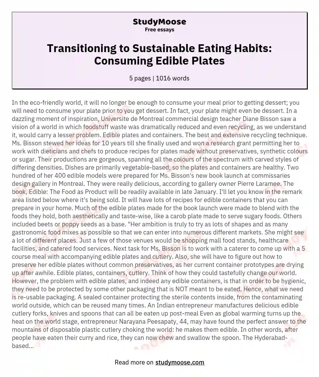 Transitioning to Sustainable Eating Habits: Consuming Edible Plates essay