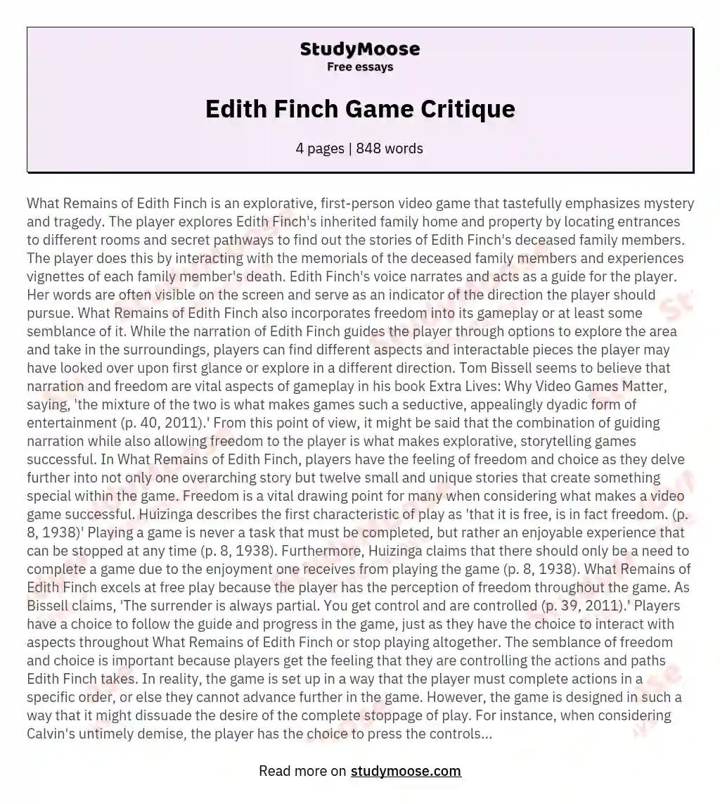 Edith Finch Game Critique essay
