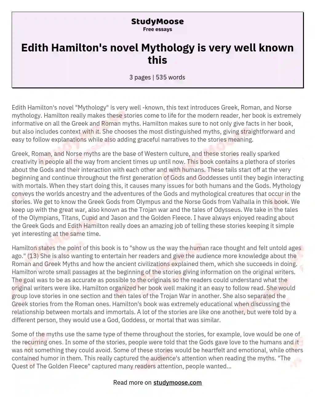 Edith Hamilton's novel Mythology is very well known this essay