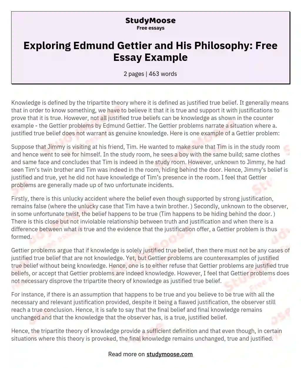 Exploring Edmund Gettier and His Philosophy: Free Essay Example essay
