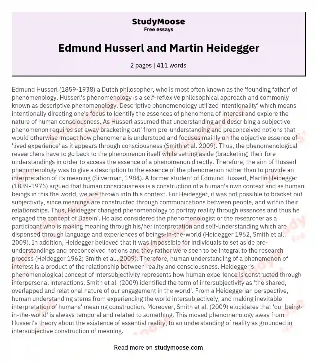 Edmund Husserl and Martin Heidegger essay