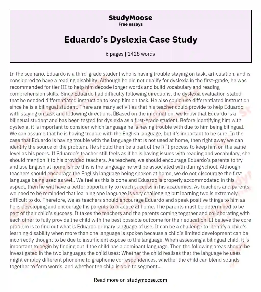 Eduardo’s Dyslexia Case Study essay