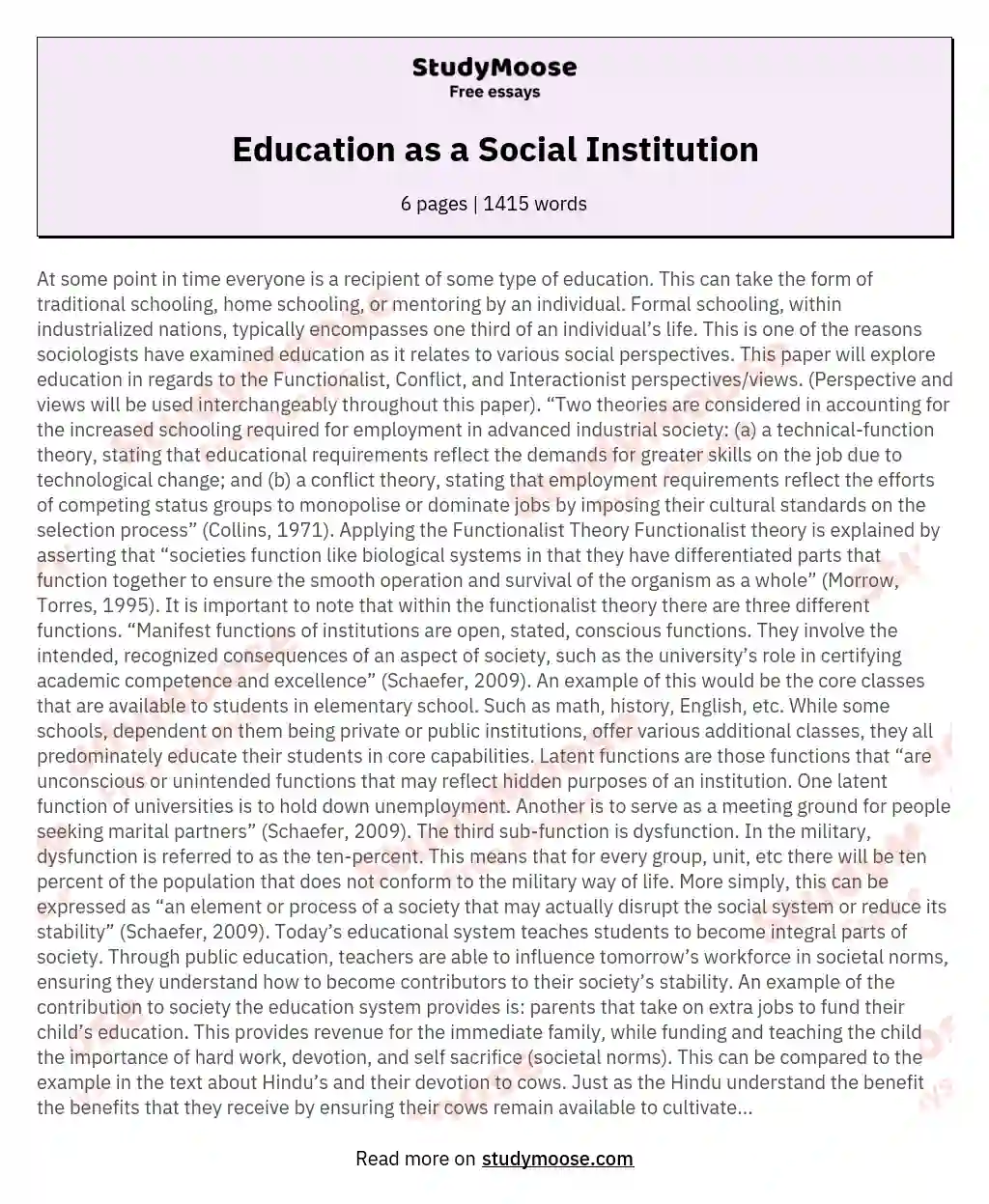 Education as a Social Institution essay