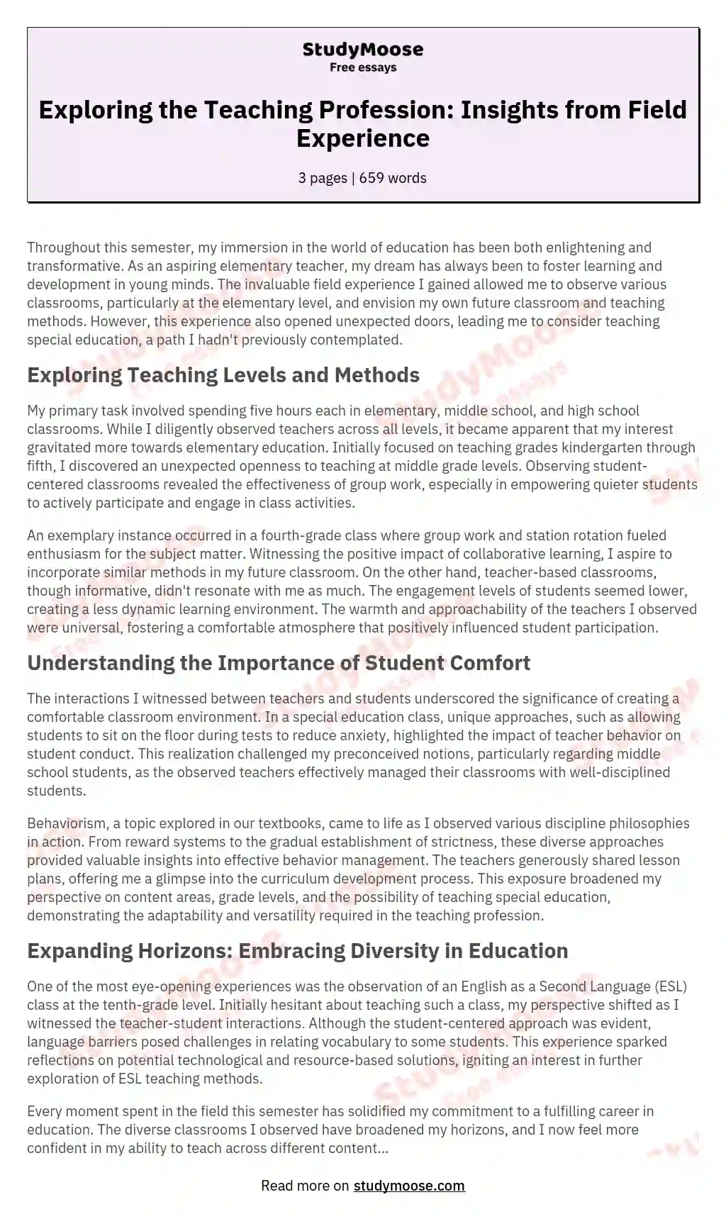 Exploring the Teaching Profession: Insights from Field Experience essay