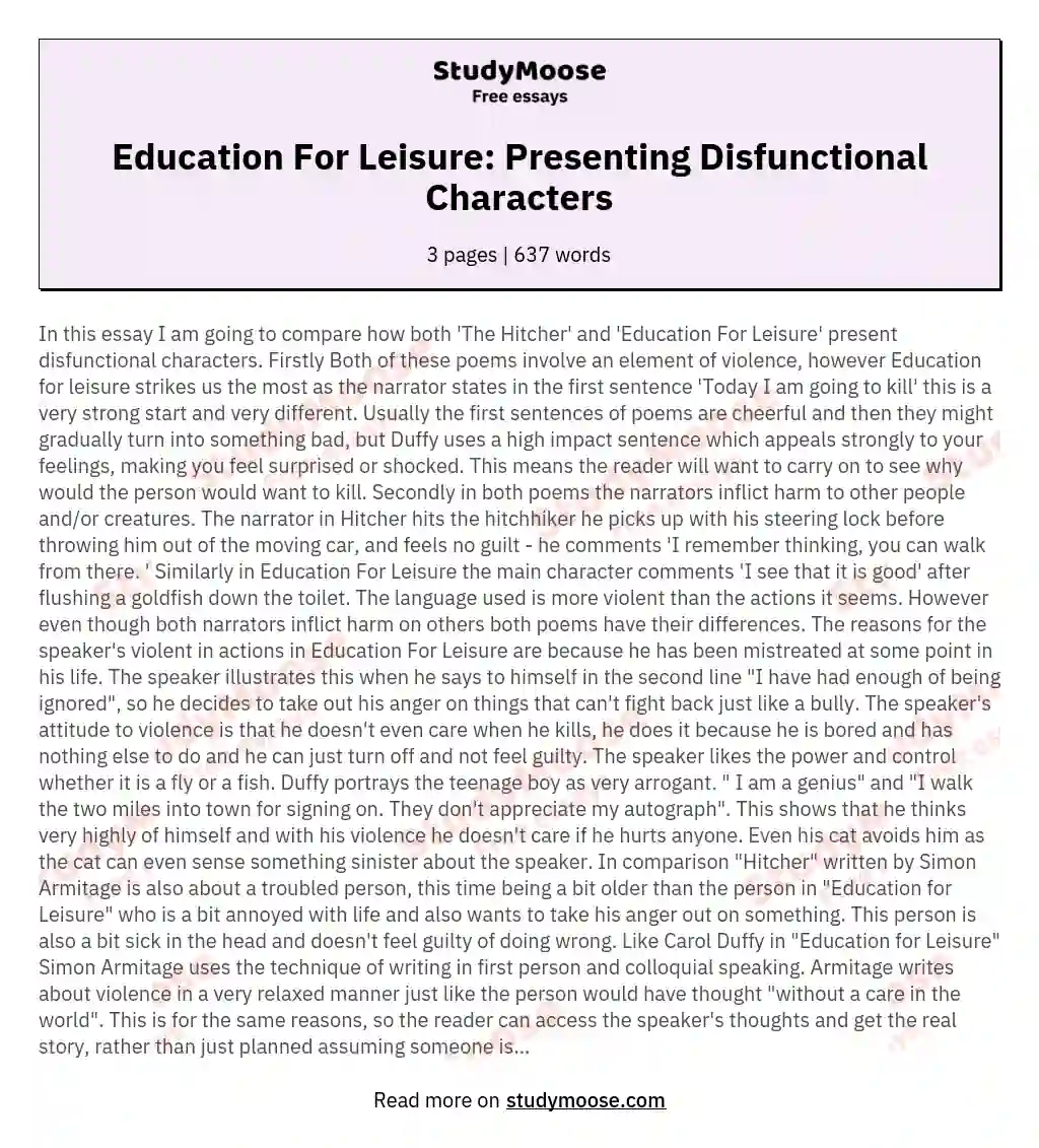 Education For Leisure: Presenting Disfunctional Characters essay