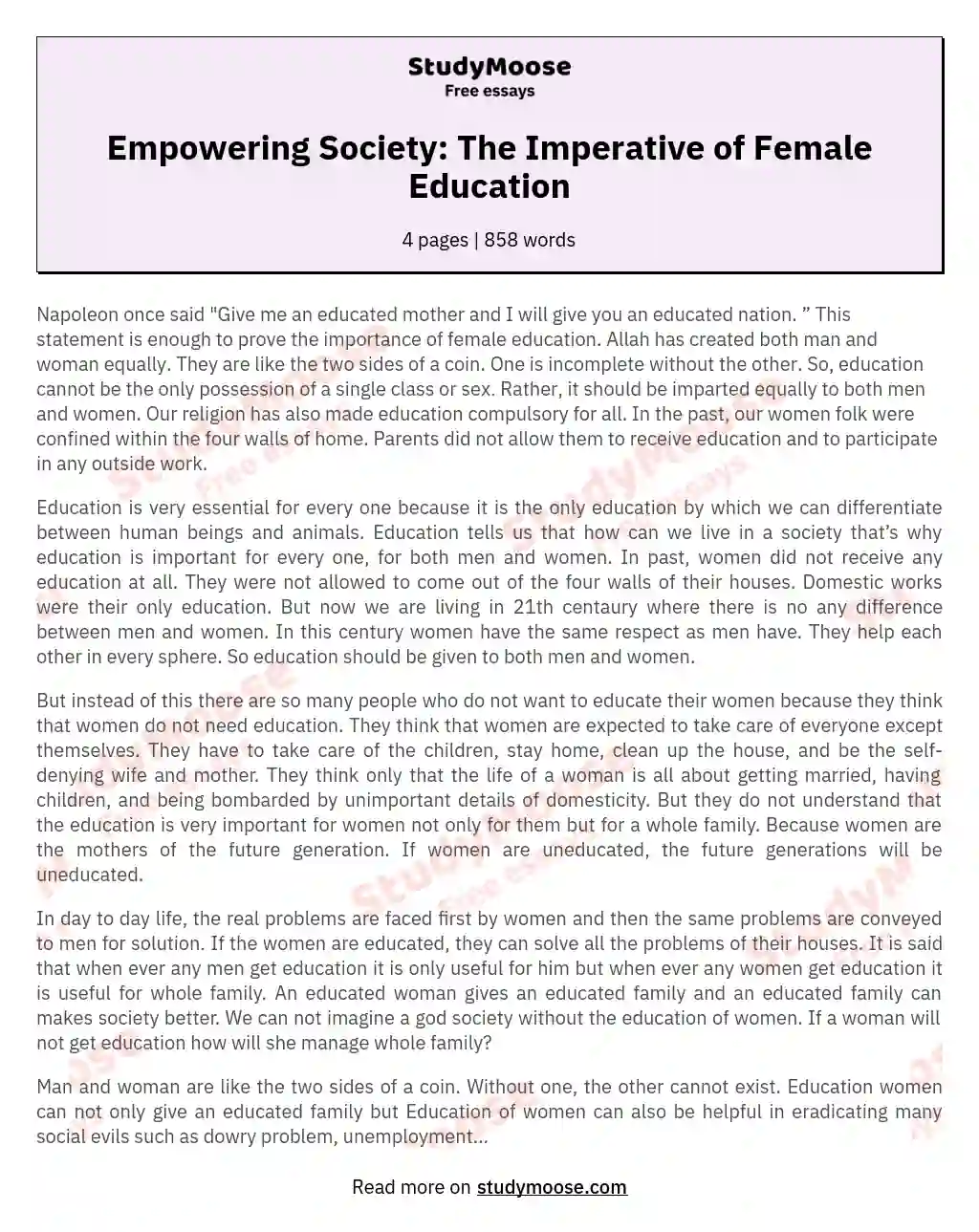 Empowering Society: The Imperative of Female Education essay