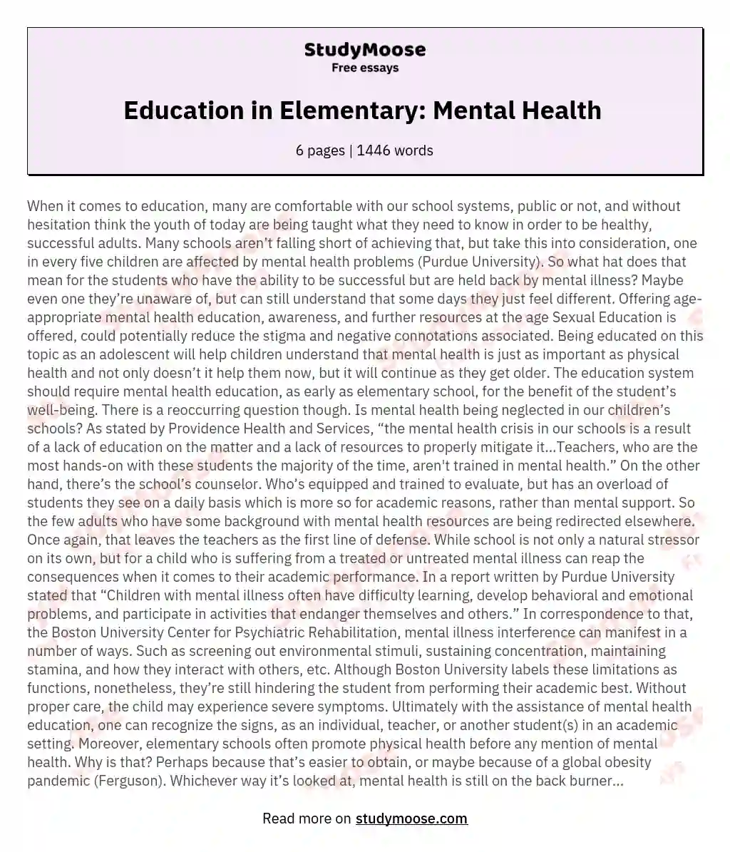 Education in Elementary: Mental Health  essay
