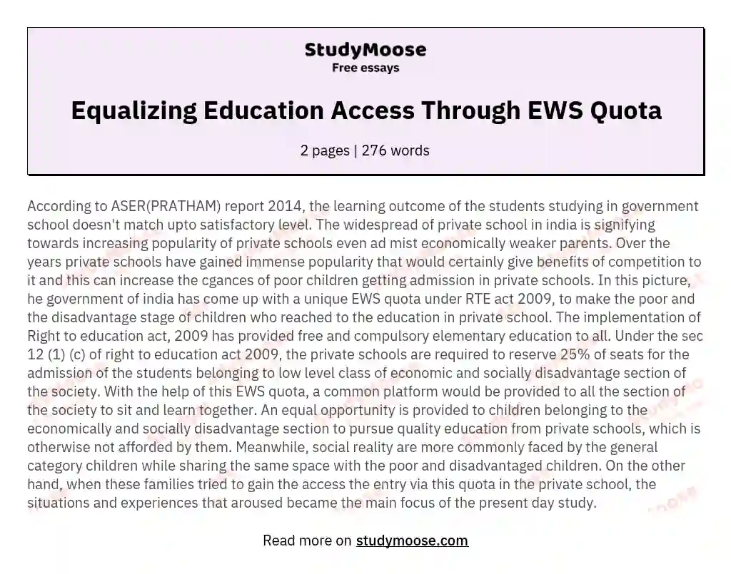 Equalizing Education Access Through EWS Quota essay