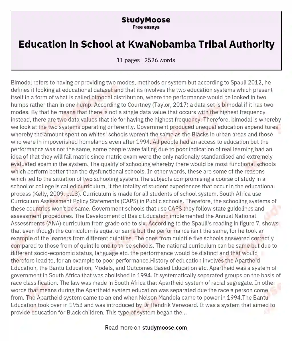 Education in School at KwaNobamba Tribal Authority essay